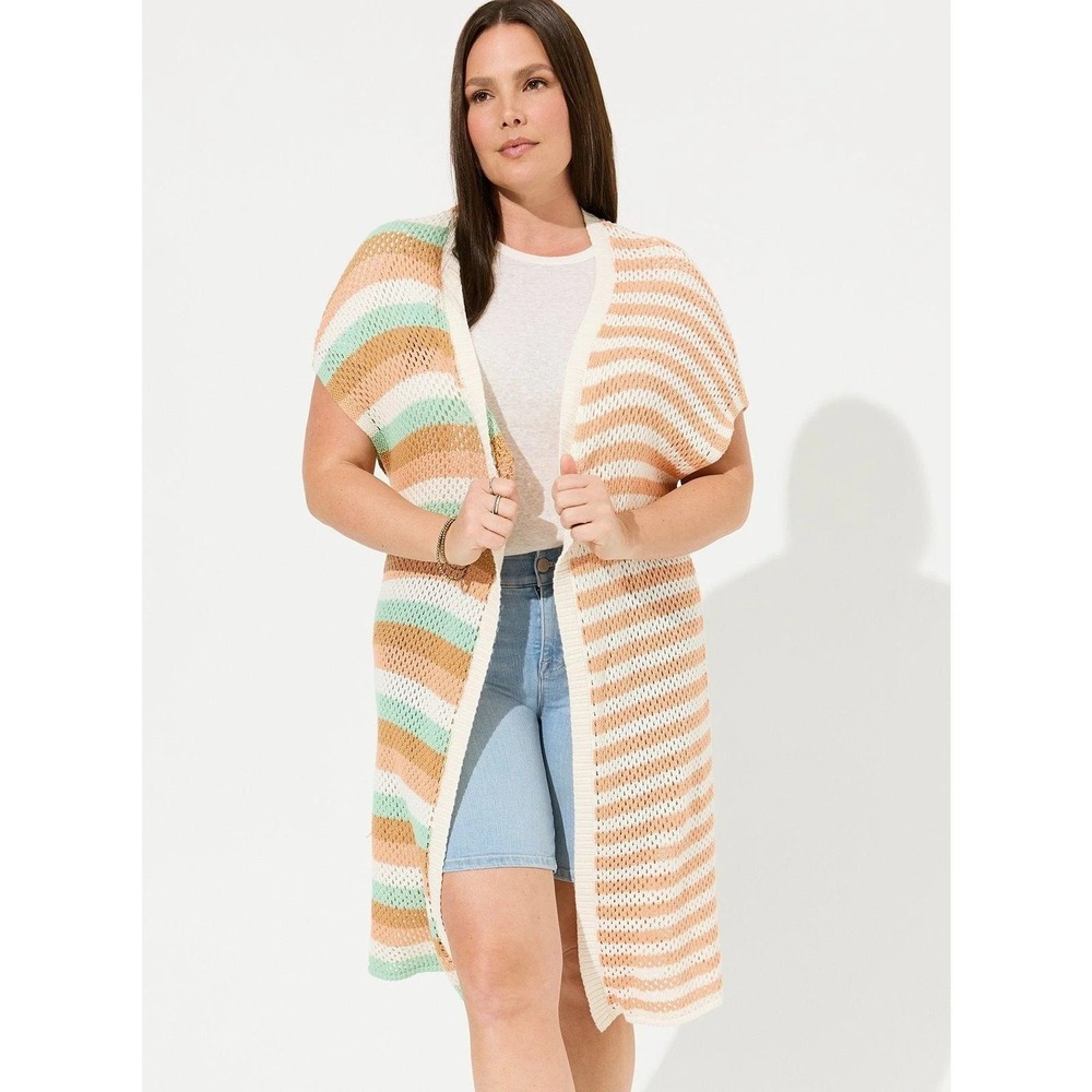 Torrid Multi Stripe Crochet Knit Duster Sweater Vest In Orange Teal Size 5/6 NWT